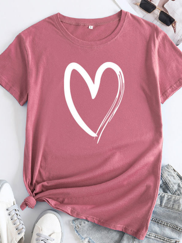 Heart Print Cotton T-Shirt Hot pink