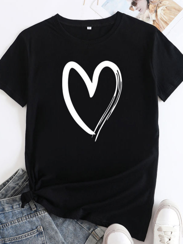 Heart Print Cotton T-Shirt Black