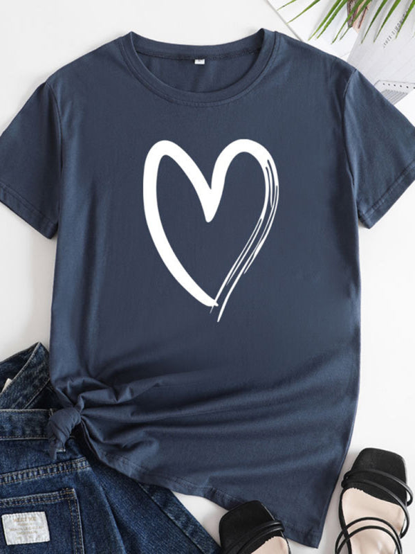 Heart Print Cotton T-Shirt Purplish blue navy