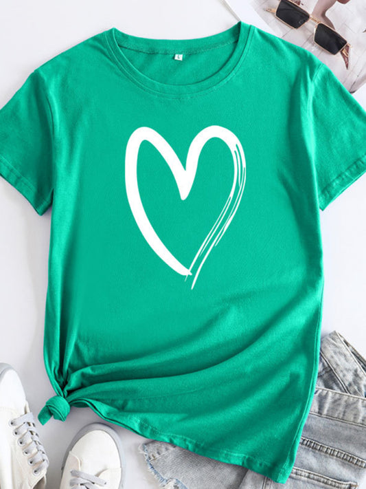 New women's casual cotton love pattern short-sleeved T-shirt Deep green