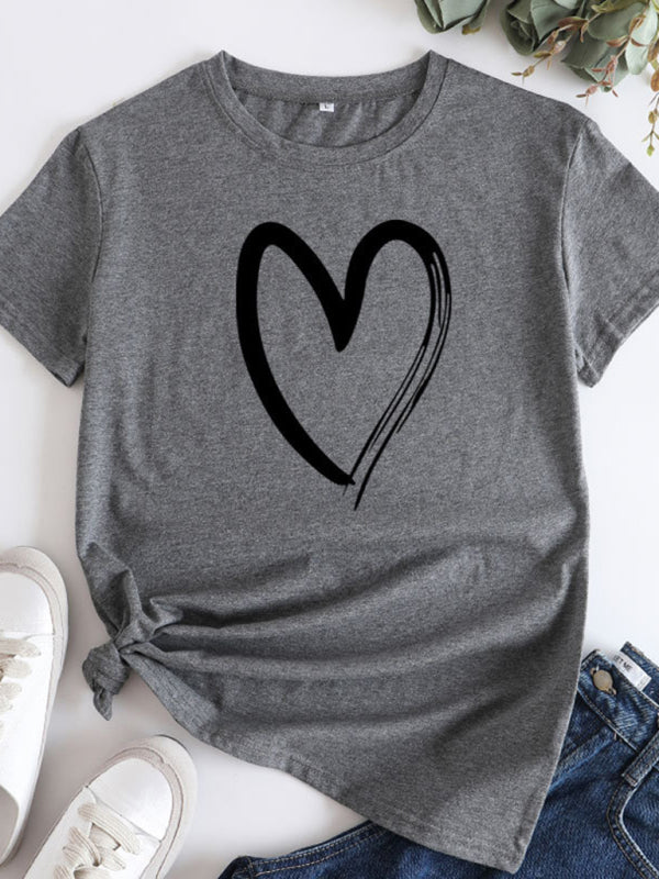 Heart Print Cotton T-Shirt Charcoal grey