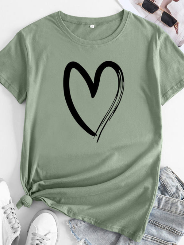 Heart Print Cotton T-Shirt Pea green grey