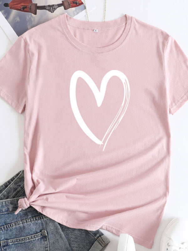 Heart Print Cotton T-Shirt Pink