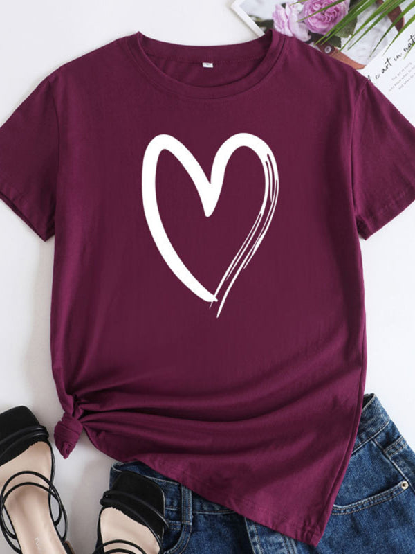 Heart Print Cotton T-Shirt Wine Red