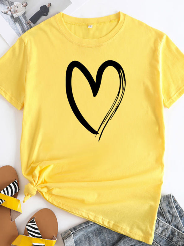 Heart Print Cotton T-Shirt Yellow