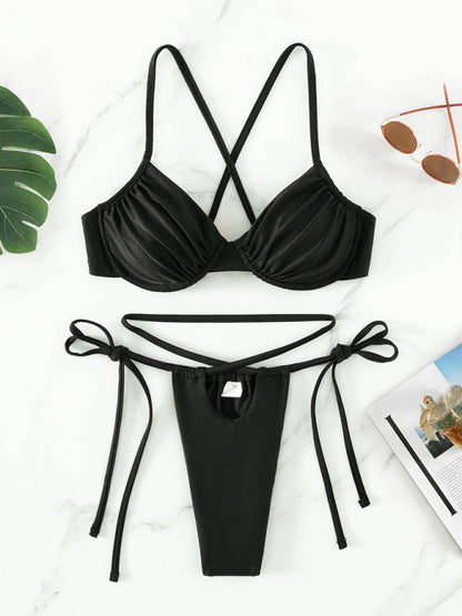 Women's sexy strappy split underwire bikini Black