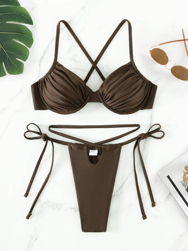 Women's sexy strappy split underwire bikini Coffee