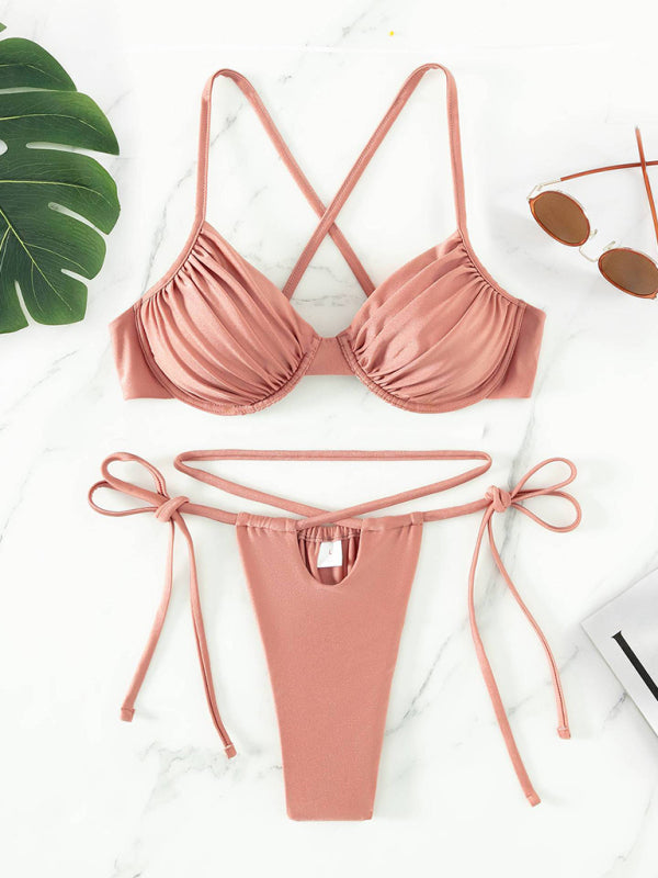 Women's sexy strappy split underwire bikini Pink