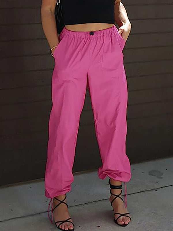 Women's Pants Casual Solid Color Pocket Elastic Waist Jogging Hip Hop Dance Pants Hot pink