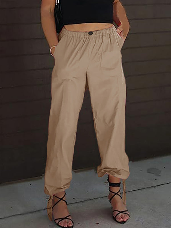 Women's Pants Casual Solid Color Pocket Elastic Waist Jogging Hip Hop Dance Pants Khaki