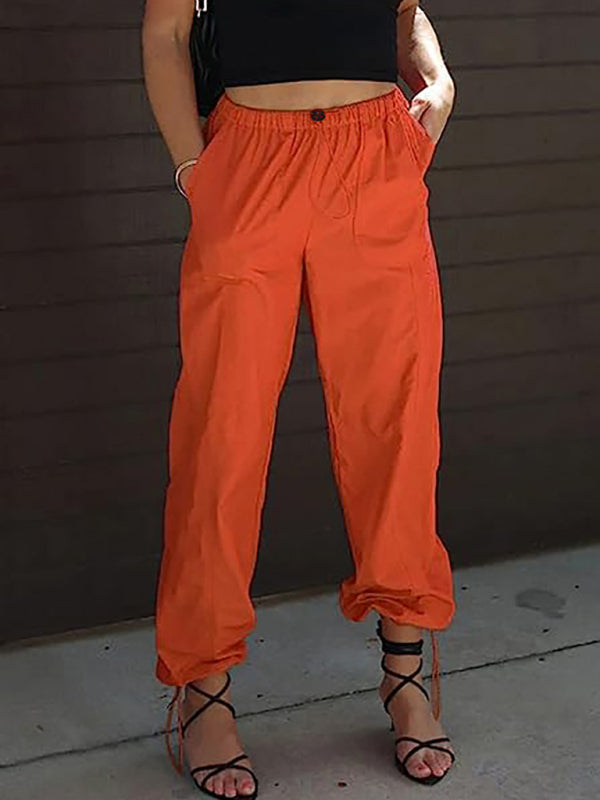 Women's Pants Casual Solid Color Pocket Elastic Waist Jogging Hip Hop Dance Pants Orange Red