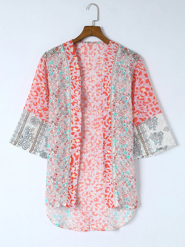 New plant floral print chiffon shirt casual buttonless cardigan top