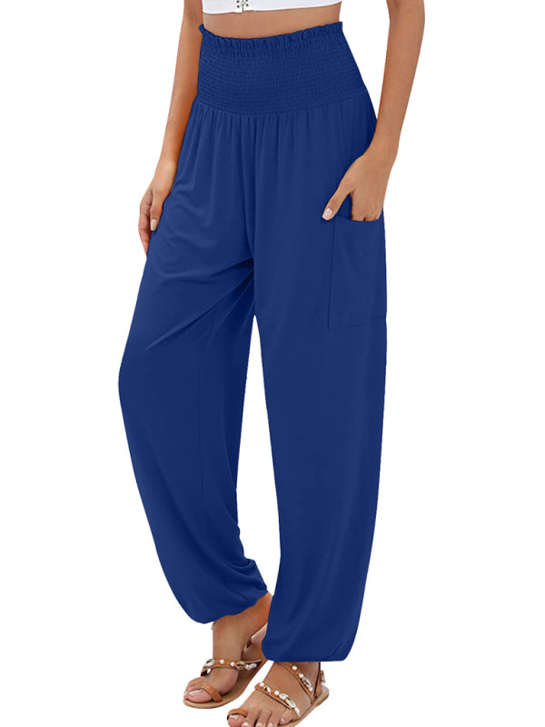 New women's elastic high waist wide leg casual trousers Blue