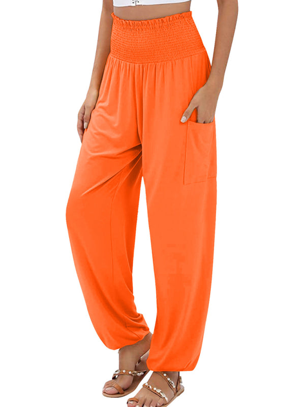 New women's elastic high waist wide leg casual trousers Orange