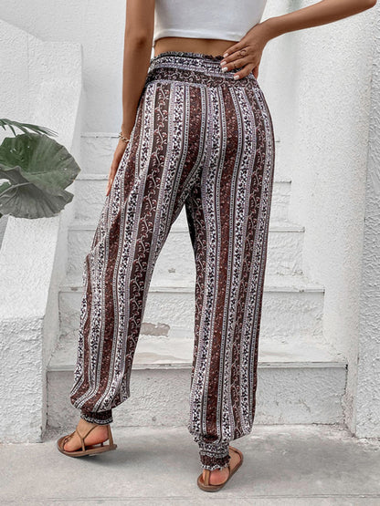 Women's new elastic trousers ethnic style high waist printed trousers