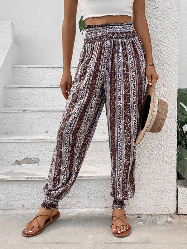 Women's new elastic trousers ethnic style high waist printed trousers Brown