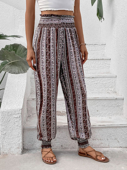 Women's new elastic trousers ethnic style high waist printed trousers