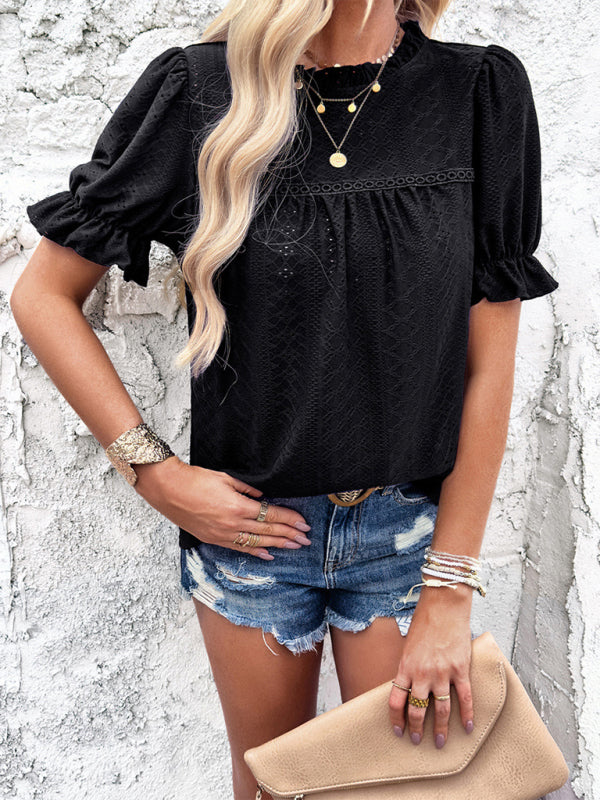 Casual solid color short sleeve hollow top