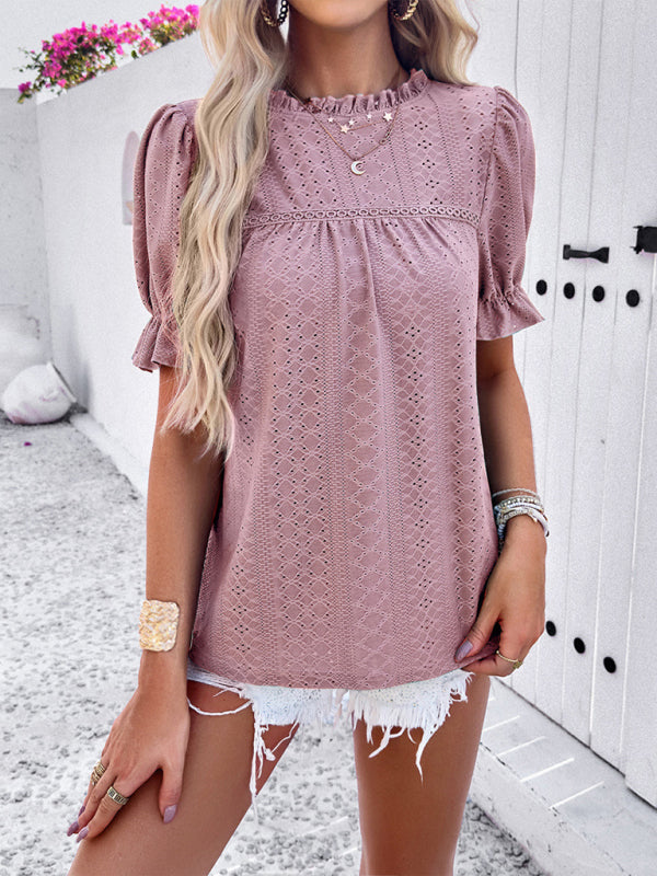 Casual solid color short sleeve hollow top Lotus root Pink