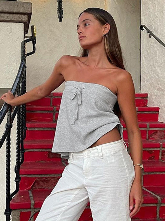 Fashion new solid color sleeveless tube top with rope top Misty grey