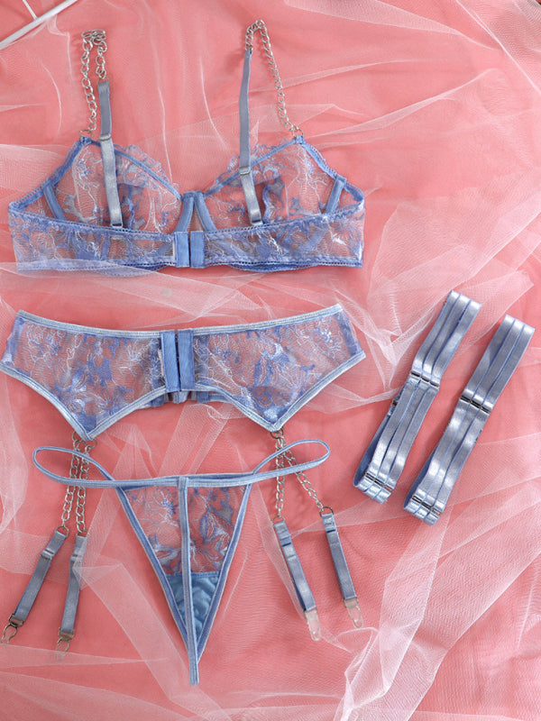 Sheer Mesh & Cross Embroidered Lingerie Set (4 Pieces)