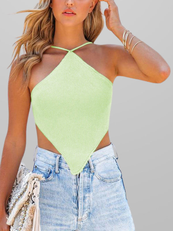 New fashionable and sexy solid color knitted vest backless strappy top Green