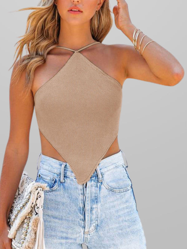 New fashionable and sexy solid color knitted vest backless strappy top Khaki