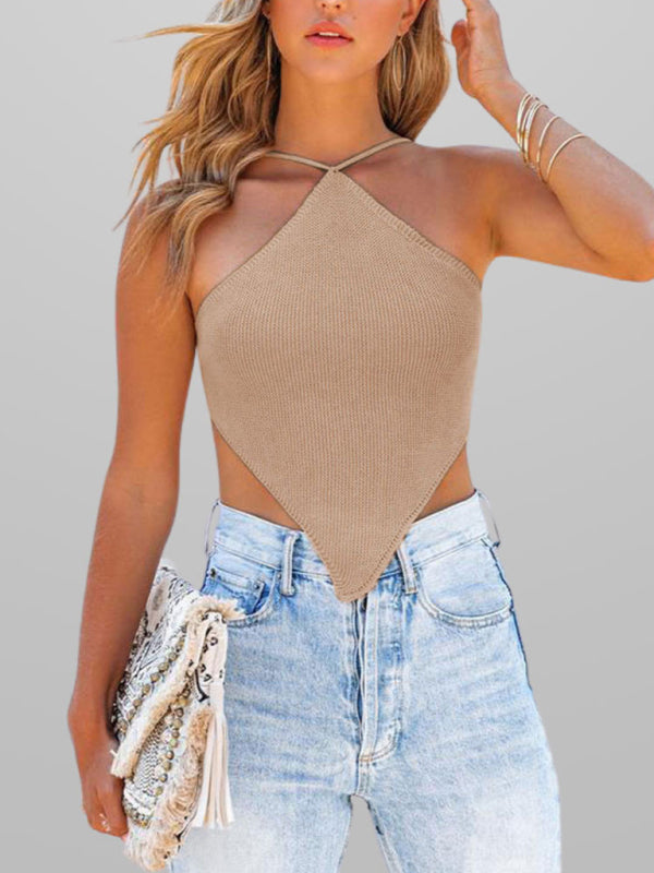 New fashionable and sexy solid color knitted vest backless strappy top