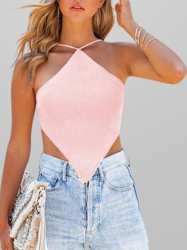 New fashionable and sexy solid color knitted vest backless strappy top Pink