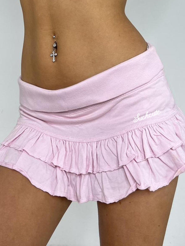 Sexy cuffed low-waist small letter embroidered ruffle skirt sweet hottie sports cake culottes Pink