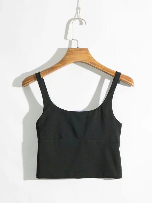 New retro square neck pleated slim high waisted short vest halter top Black