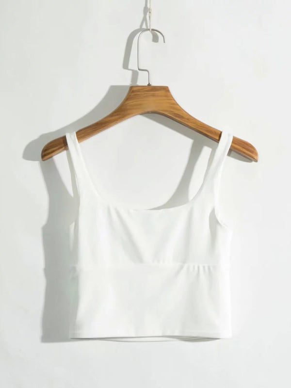 New retro square neck pleated slim high waisted short vest halter top