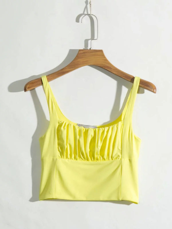 New retro square neck pleated slim high waisted short vest halter top