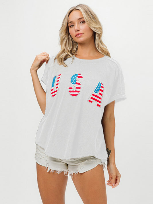 Women's Independence Day English Letters Short Sleeve T-Shirt Top White