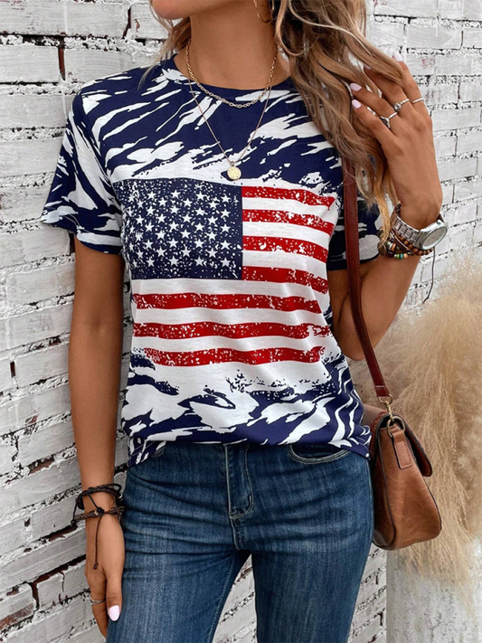 New American Independence Day Women's Flag Printed Round Neck Casual Short Sleeve T-Shirt Blue