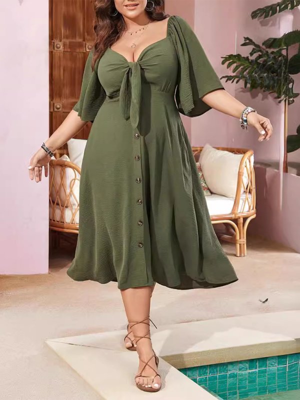 Plus size bow V-neck short-sleeved dress Green