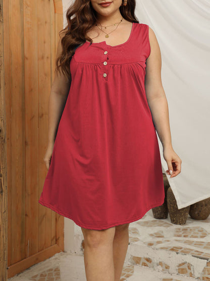 Large Size Loose Casual Buttoned Vest Sleeveless Dress Red