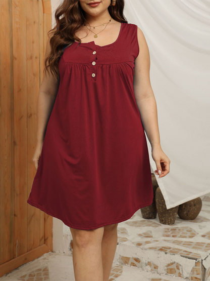 Large Size Loose Casual Buttoned Vest Sleeveless Dress Wine Red