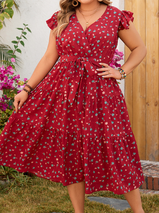 Plus size women's red printed sleeveless lace short-sleeved dress Red