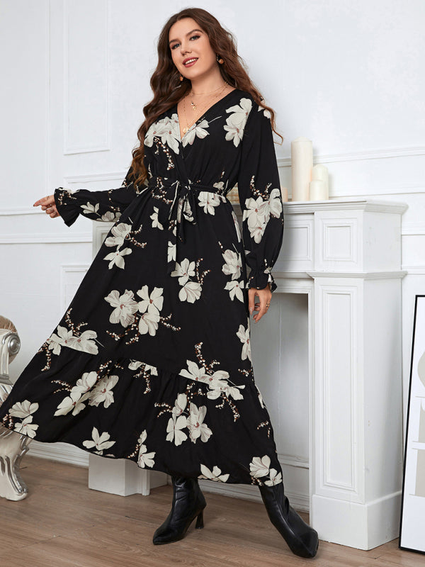 Elegant Printed V-Neck Petal Sleeve Dress for Women Plus Size