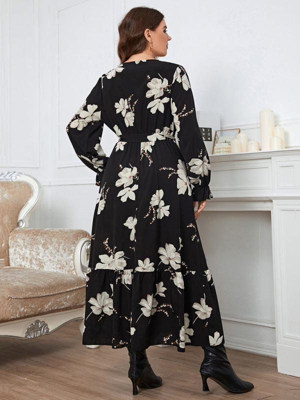 Elegant Printed V-Neck Petal Sleeve Dress for Women Plus Size