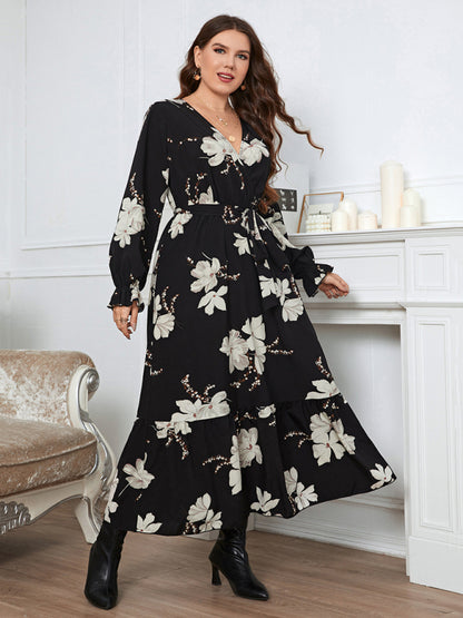 Elegant Printed V-Neck Petal Sleeve Dress for Women Plus Size Black