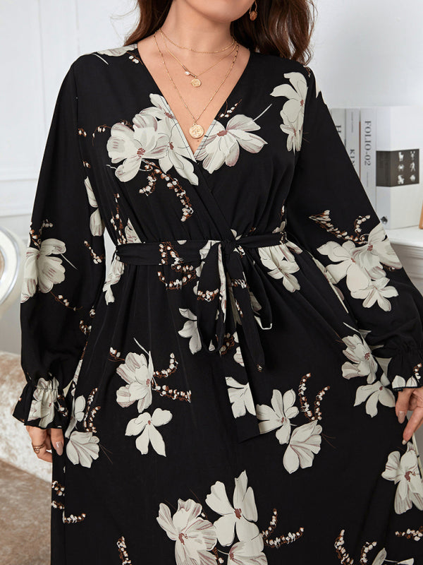 Elegant Printed V-Neck Petal Sleeve Dress for Women Plus Size