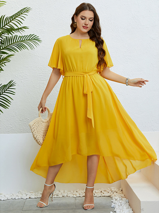 Plus size women's yellow V-neck strappy waist dress Yellow