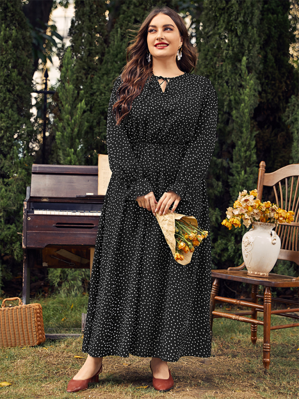 Plus size women's new polka-dot loose long-sleeved dress Black