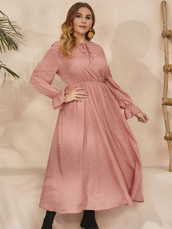 Plus size women's new polka-dot loose long-sleeved dress Pink