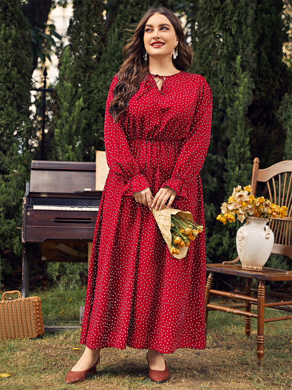 Plus size women's new polka-dot loose long-sleeved dress Red