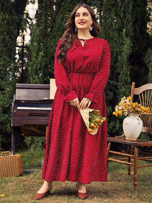 Plus size women's new polka-dot loose long-sleeved dress Red