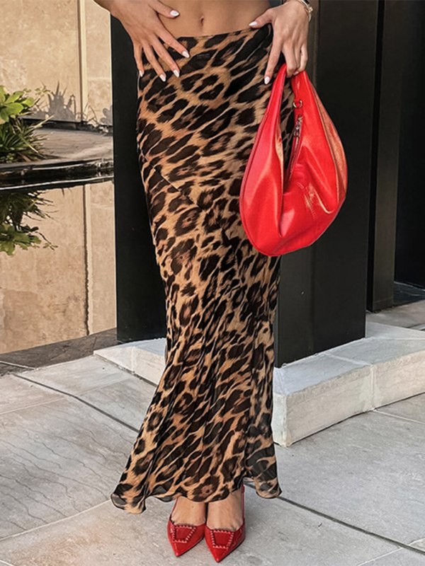 Sexy chiffon fishtail skirt floor-length leopard print skirt