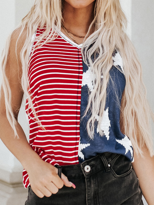 New American Flag Printed Independence Day Trendy Color Blocking U-neck Pullover Top Red
